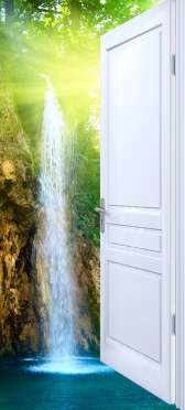 Sticker Porte Effet Ouvert Cascade Dans La Forêt - Sticker Porte