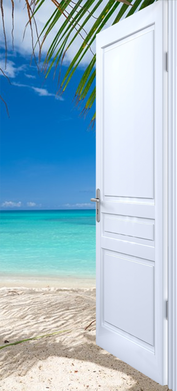 Sticker Mural Porte Trompe L'Oeil Ile Paradisiaque Palmier Sable - 63x205 Cm