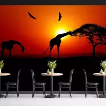 Papier Peint Panoramique Savane Couché de Soleil Girafes