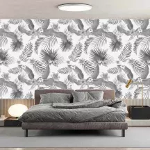 Papier Peint Panoramique Jungle Motifs Fleurs et Feuilles Noir et Blanc