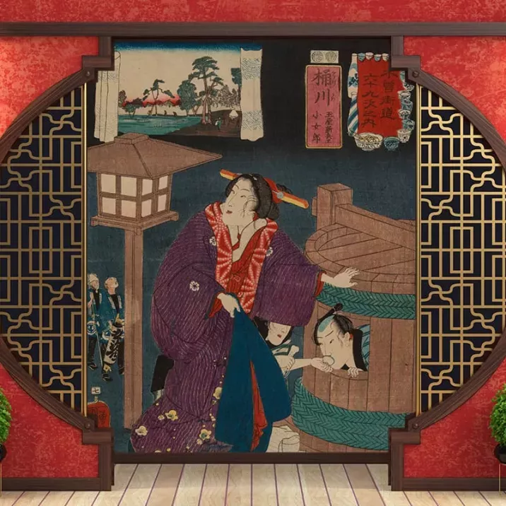 Papier Peint Panoramique Estampe 19e siècle Utagawa Kuniyoshi - Okegawa