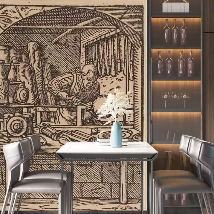 Papier Peint Panoramique Gravure - Artisan dans son atelier