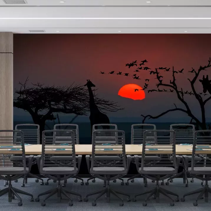 Papier Peint Savane Couché de Soleil Girafe