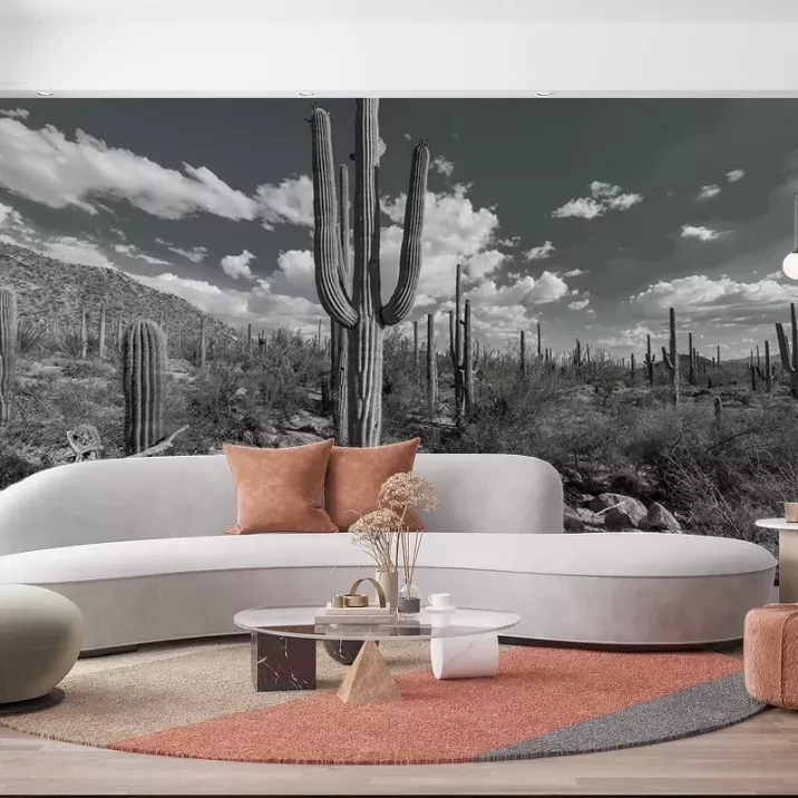 Papier Peint Panoramique Cactus Noir et Blanc 2