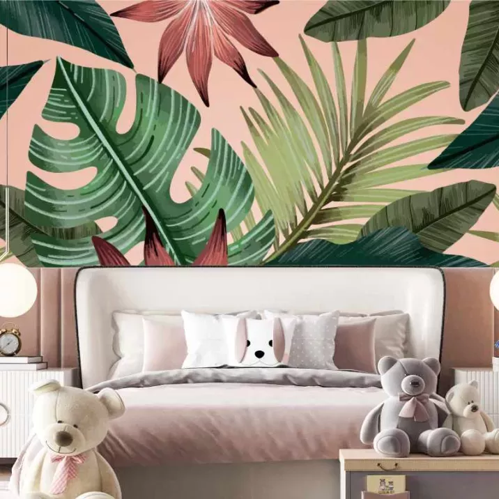 Papier Peint Panoramique Jungle Rose fleurs