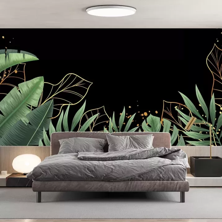 Papier Peint Panoramique Feuilles Tropical Dorées