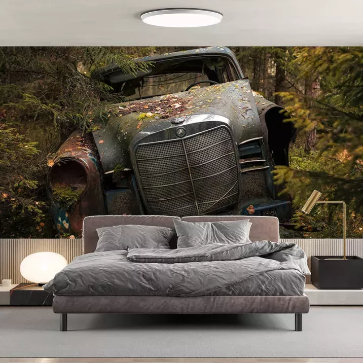 Papier peint Panoramique Epave Voiture Foret