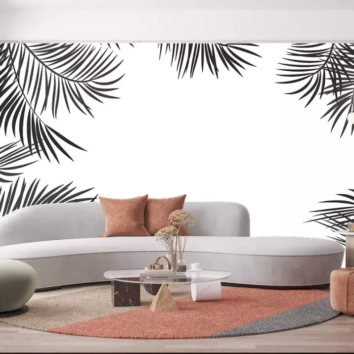 Papier Peint Panoramique Feuilles Palmier Noir et Blanc