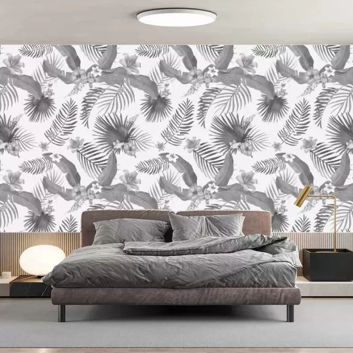 Papier Peint Panoramique Jungle Motifs Fleurs et Feuilles Noir et Blanc