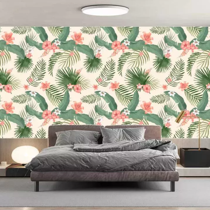 Papier Peint Panoramique Jungle Motifs Fleurs et Feuilles